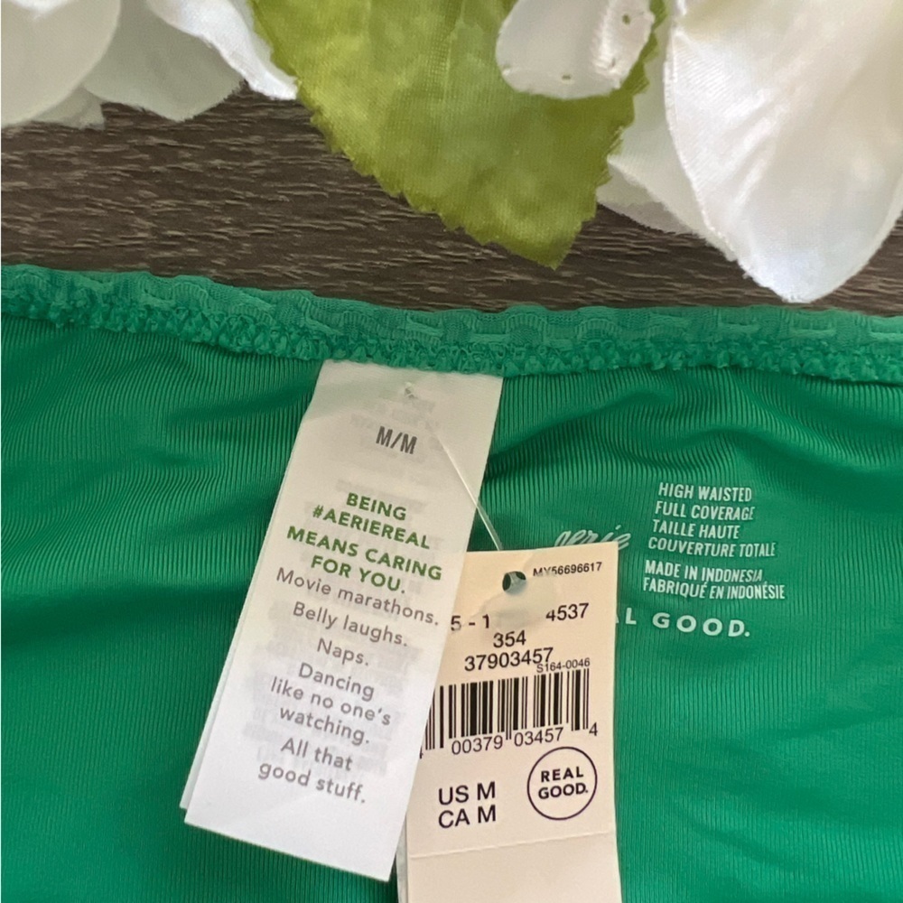 Aerie Green High Waisted Full Coverage Textured Bikini Swim Bottoms - Picture 2 of 6